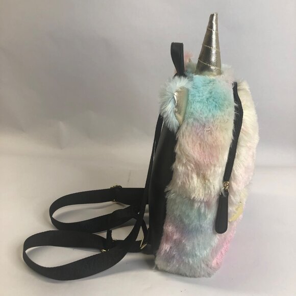 Betsey Johnson Fuzzy Gold Rainbow Unicorn Horn Small Backpack - Picture 13 of 16